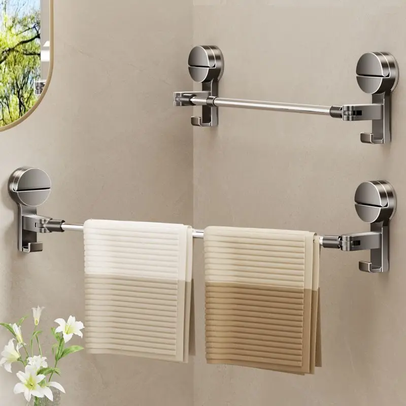 Suction Cup Corner Towel Rack Bar, Adjustable Stainless Steel Towel Holder with Hooks, Wall Mounted No Drilling Towel Shelf for