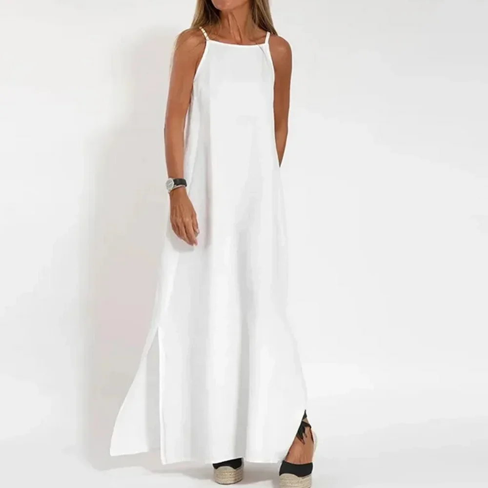 Abito lungo Boho casual bianco per donna Estate elegante cinturino per spaghetti Nero Beach Party Abiti basic con fionda divisa Robe Femme