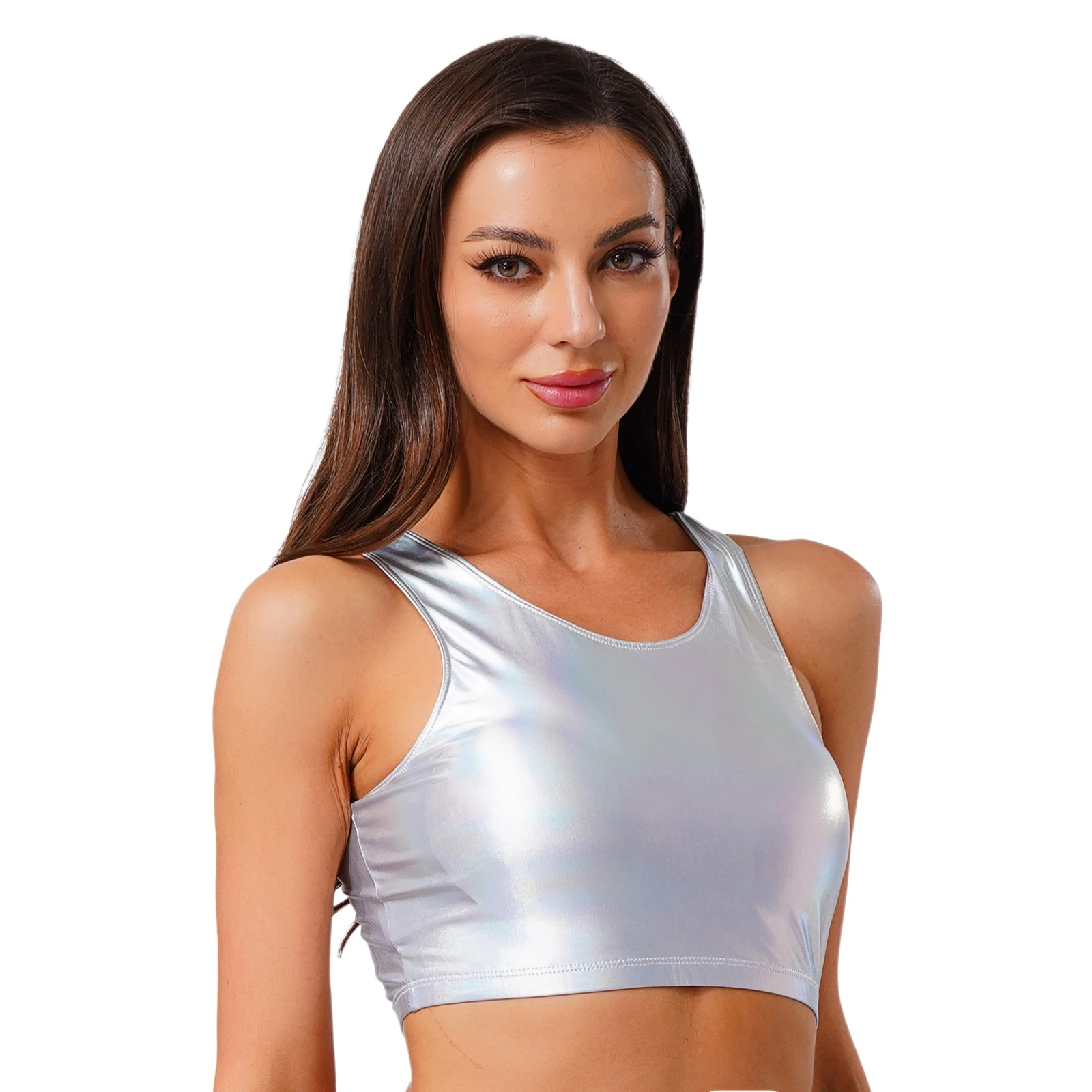 Vrouwen Gloss PU Lederen Vest Crop Tops Clubwear Terug Uitgehold Mouwloze Tank Top voor Nachtclub Rave Party Muziek Festival Dans