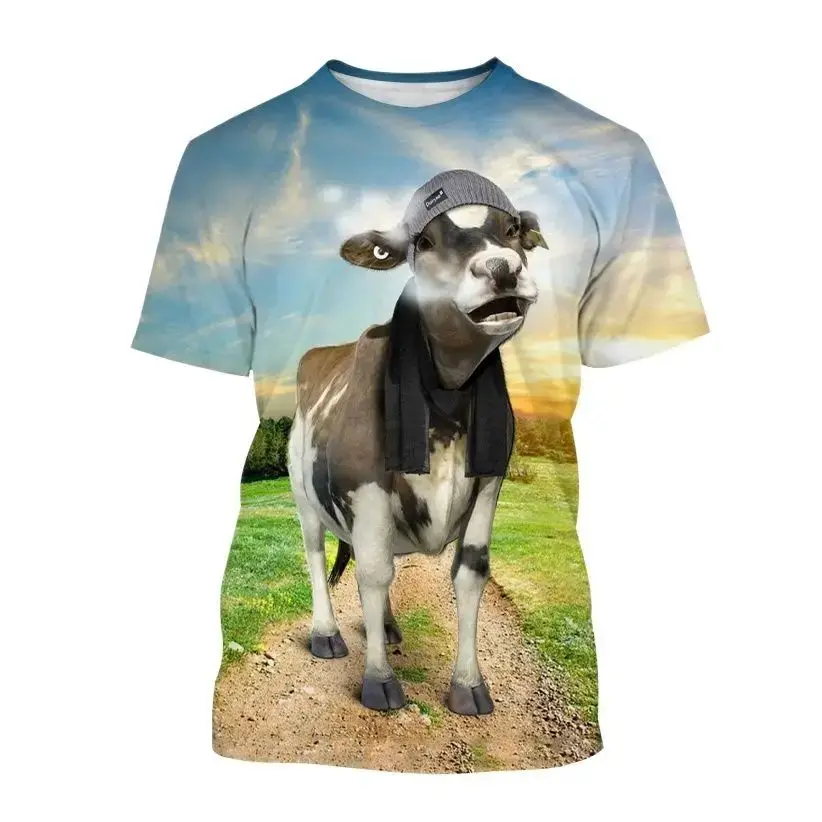 Summer Men\'s Trend Funny Cow Pattern 3d Printed O Collar Short Sleeve Loose Funny Funny Street Plus Size Loose Breathable Top