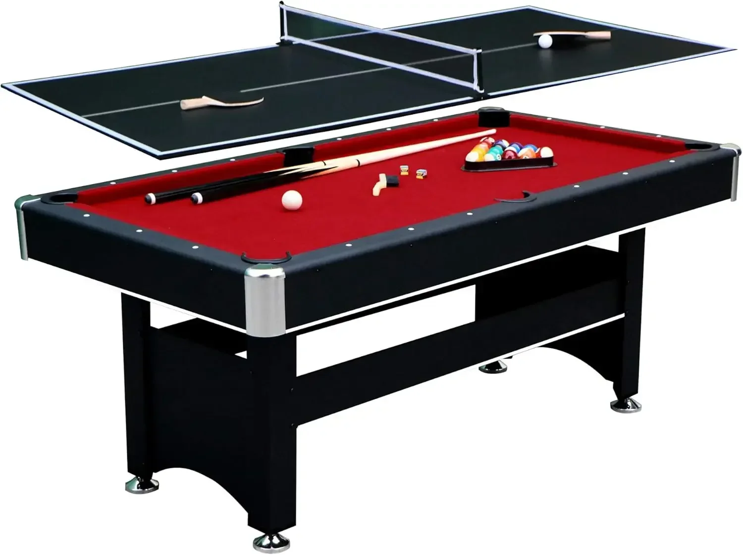 6-ft Pool Table with Table Tennis Top - Black with Red Felt