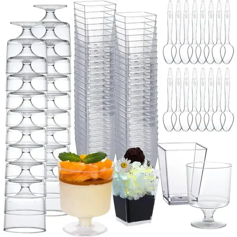 300 Packs Dessert Cups with Spoons,5 OZ Mini Clear Plastic Dessert Parfait Cup for Party,Square Shot Glasse Goblet Small