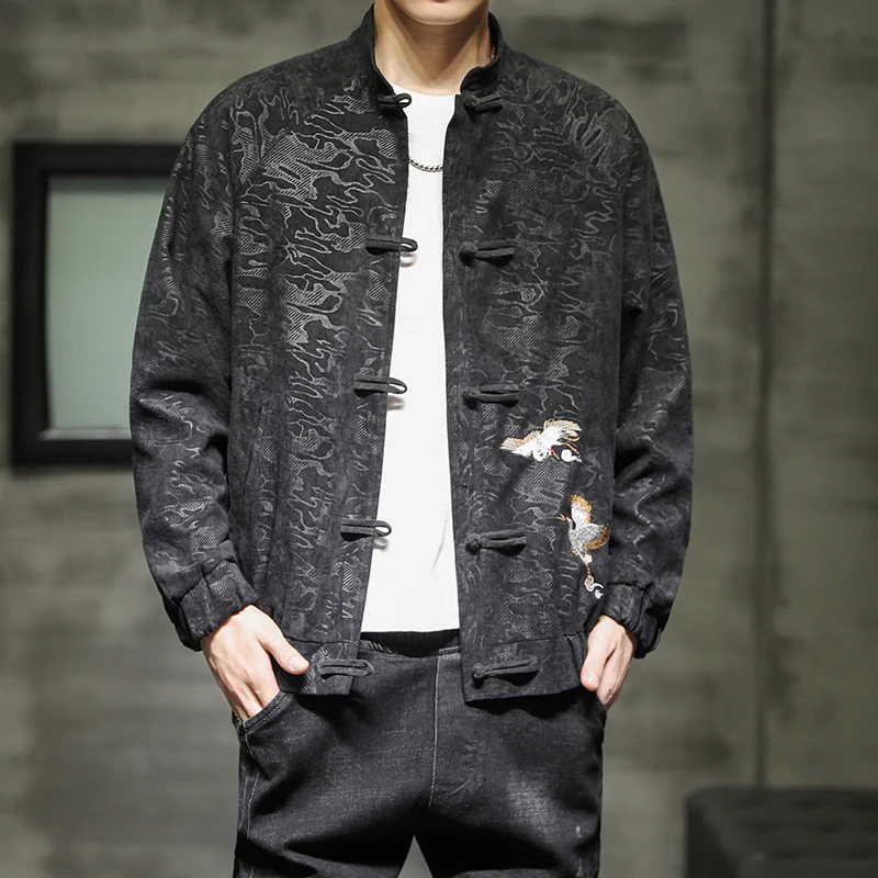 Men's plus Size Corduroy Jacket Chinese Style Dragon Embroidery Stand Collar Tang Suit Coat with Hidden Frog Buttons 5XL