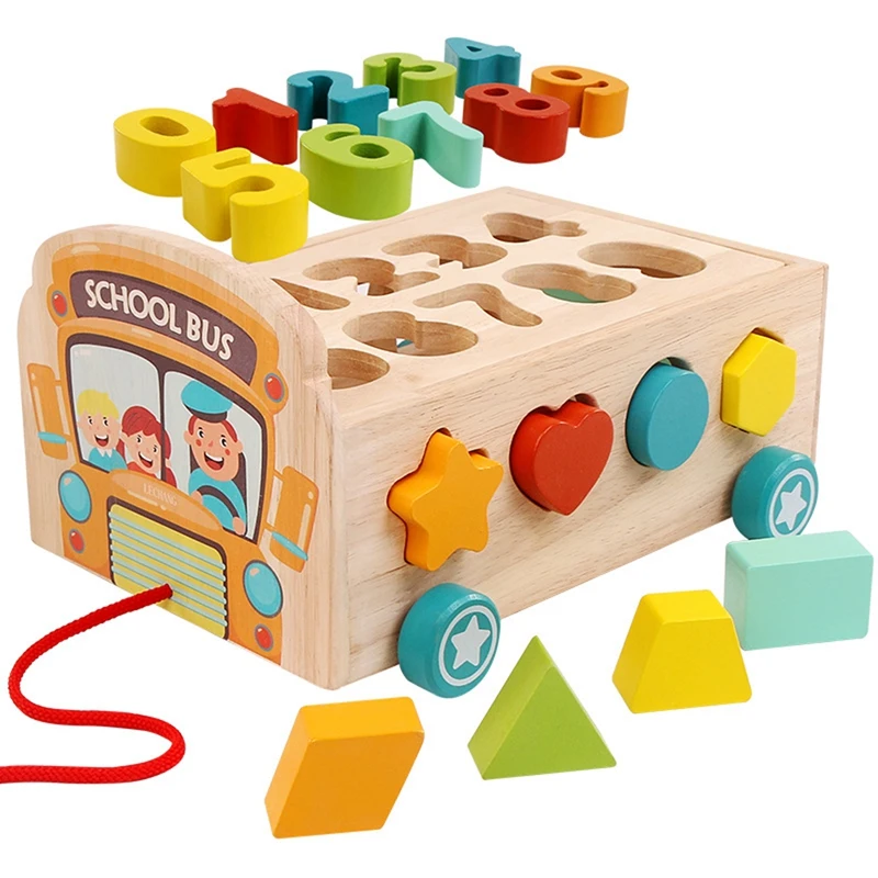 Juguete de coche de arrastre de madera para niños, bloques de construcción de forma geométrica, juguetes a juego, ensamblaje de autobús escolar, juguetes de rompecabezas de educación temprana