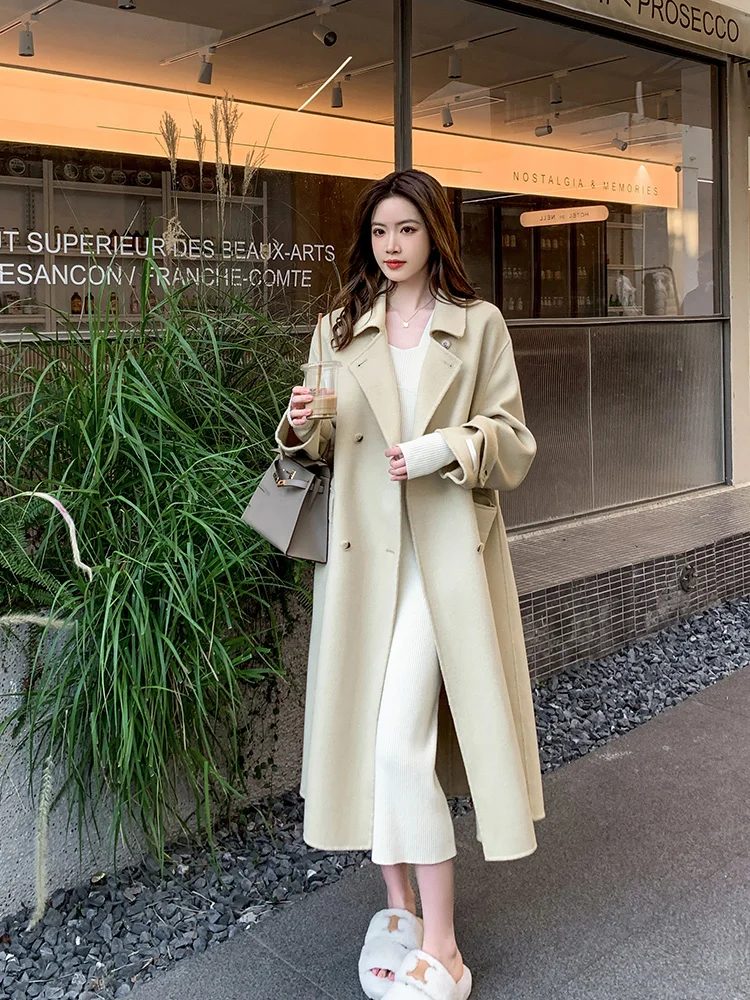 

Элитная двусторонняя шерстяная куртка-пальто ручной работы для женщин, длинная, зимняя, новая модная, свободного кроя, стройнящая фигуру