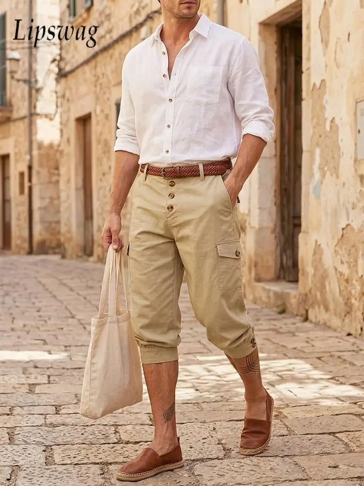 

Мужские летние повседневные шорты до колена 2026 года, винтажные однотонные шорты на пуговицах, стильные мужские шорты-карго с множеством карманов для отпуска