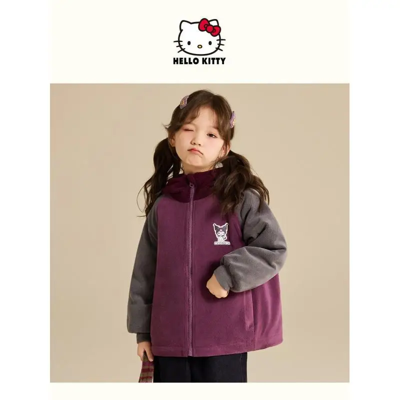 

Sanrio Hello Kitty Girls Hooded Color Block Fleece Padded Cotton Winter Coat 2025 New Style Fashion Casual Outerwear Warm