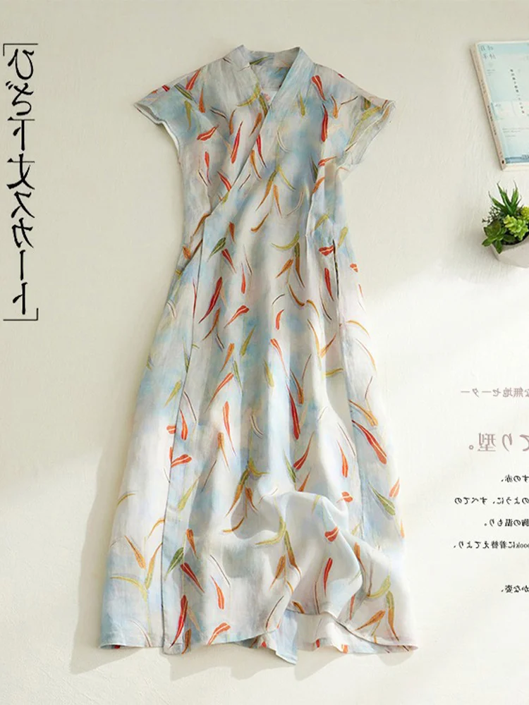 Ele ort Sve 花柄プリント リネン袍 レディース Aラインスカート ロング丈 快適 ゆったり ウエスト通勤 スタイル