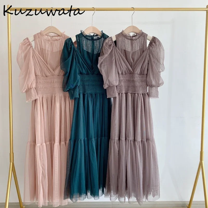 Kuzuwata 2024 Early Spring New Vestidos Japanese Women Robes Out Shoulder Half Sleeve Patchwork Mesh High Waist Slim Dresses