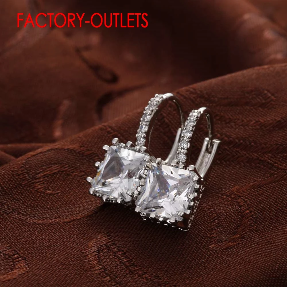 New Arrival 925 Sterling Silver Earrings For Women Big Shiny Crystal Square CZ Crystal Earring Bride Wedding Earring Accessories