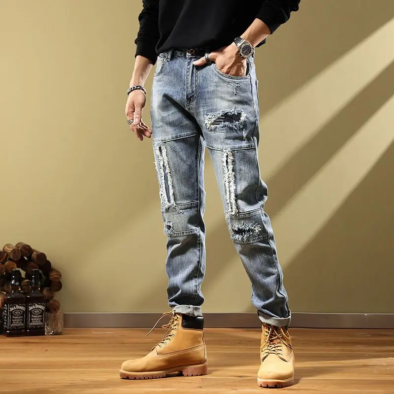 Fashion Embroidery ripped Men's Jeans Handsome Personality Broken Scrap Small Feet Vintage Old style New Autumn Style pants