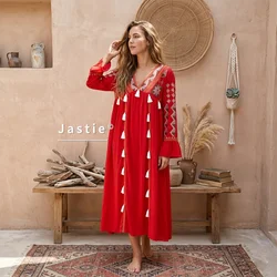 Red Boho Ethnic Maxi Dress Women Elegant V Neck Tassel Long Sleeve Embroidered Dresses 2026 Summer Chic Vacation Outfits Vestido