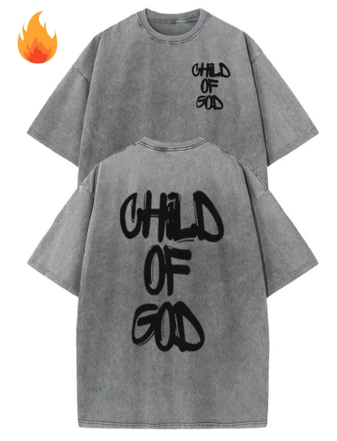Vintage Acid Wash T Shirt Men Child Of God Graphic Tees Summer Heavyweight 230g Cotton Short Sleeve Graffiti Streetwear High Street Tops