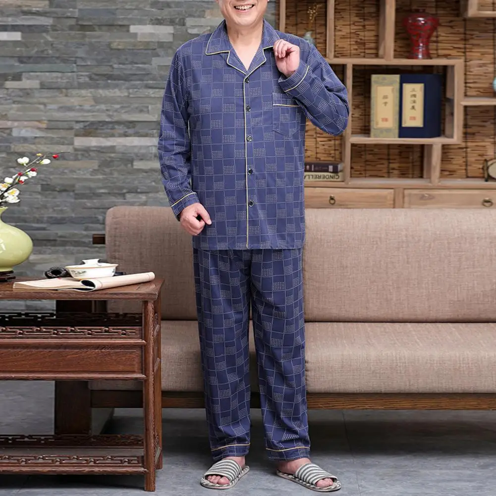 2 Pvs/Set Fall Winter Men Loungewear Set Lapel Long Sleeve Loose Single-breasted Male Pajamas Set Mid-aged Father Sleepwear