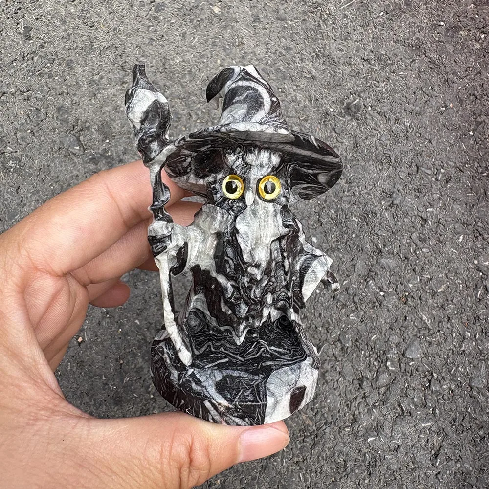 Custom Shell Stone Wizard Figurine, 9cm - Gemstone Fantasy Wizard Statue Tabletop Decor for Healing and Spiritual Protection