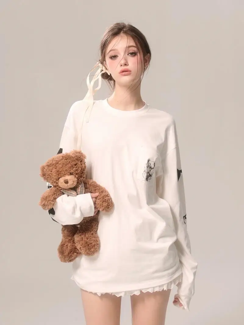 Cartoon Sailors Moon T Shirt 100% Cotton Printed Tsukino Usagi Long Sleeve White T-shirt for Women Girls Harajuku Loose Tees Top image 4
