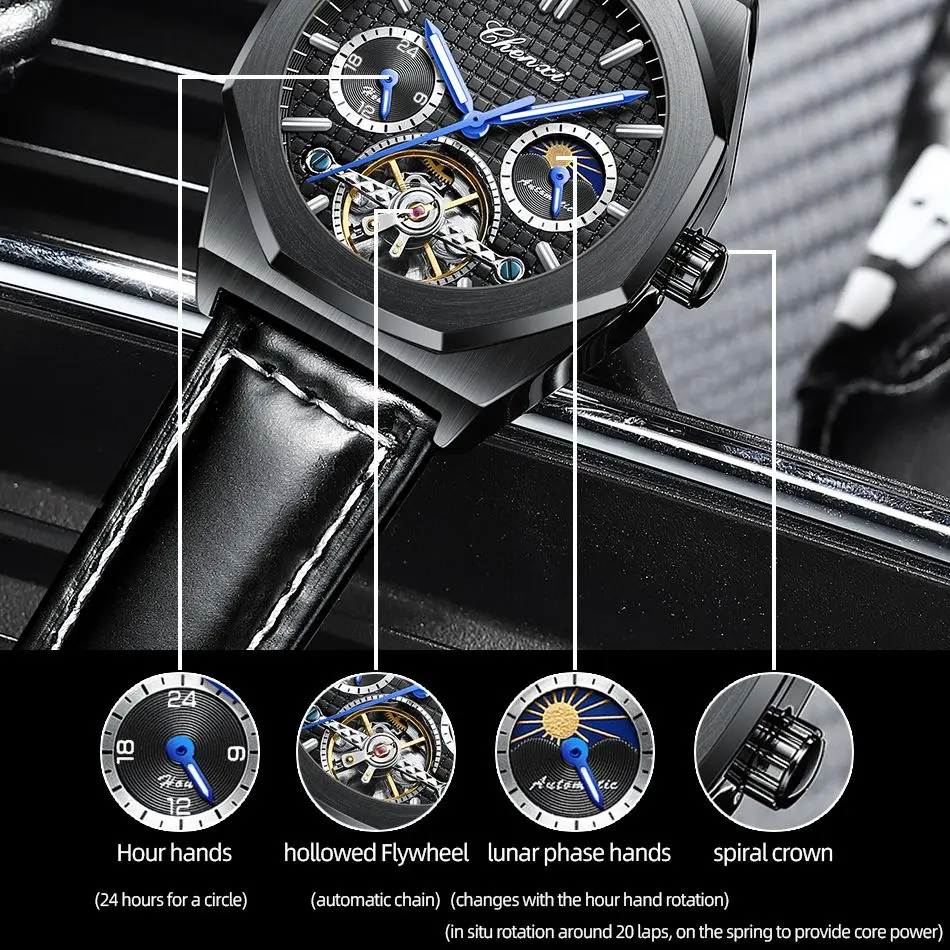 2022 New Chenxi Tourbillon Mechanical Men Watch Waterproof Luminous Automatic Wristwatch Luxury Leather Mens Watches Reloj Hombr