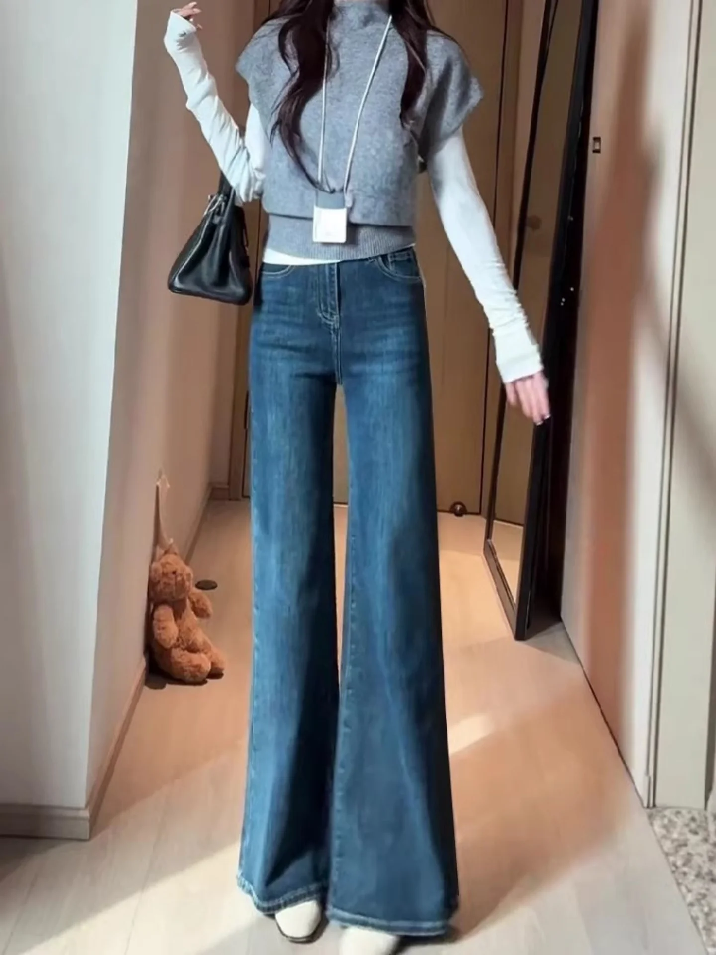 

High Waist Fleece Lined Bell Bottom Jeans Women's Winter Soft Dragging American Style Versatile Retro Cotton Denim Skinnifying