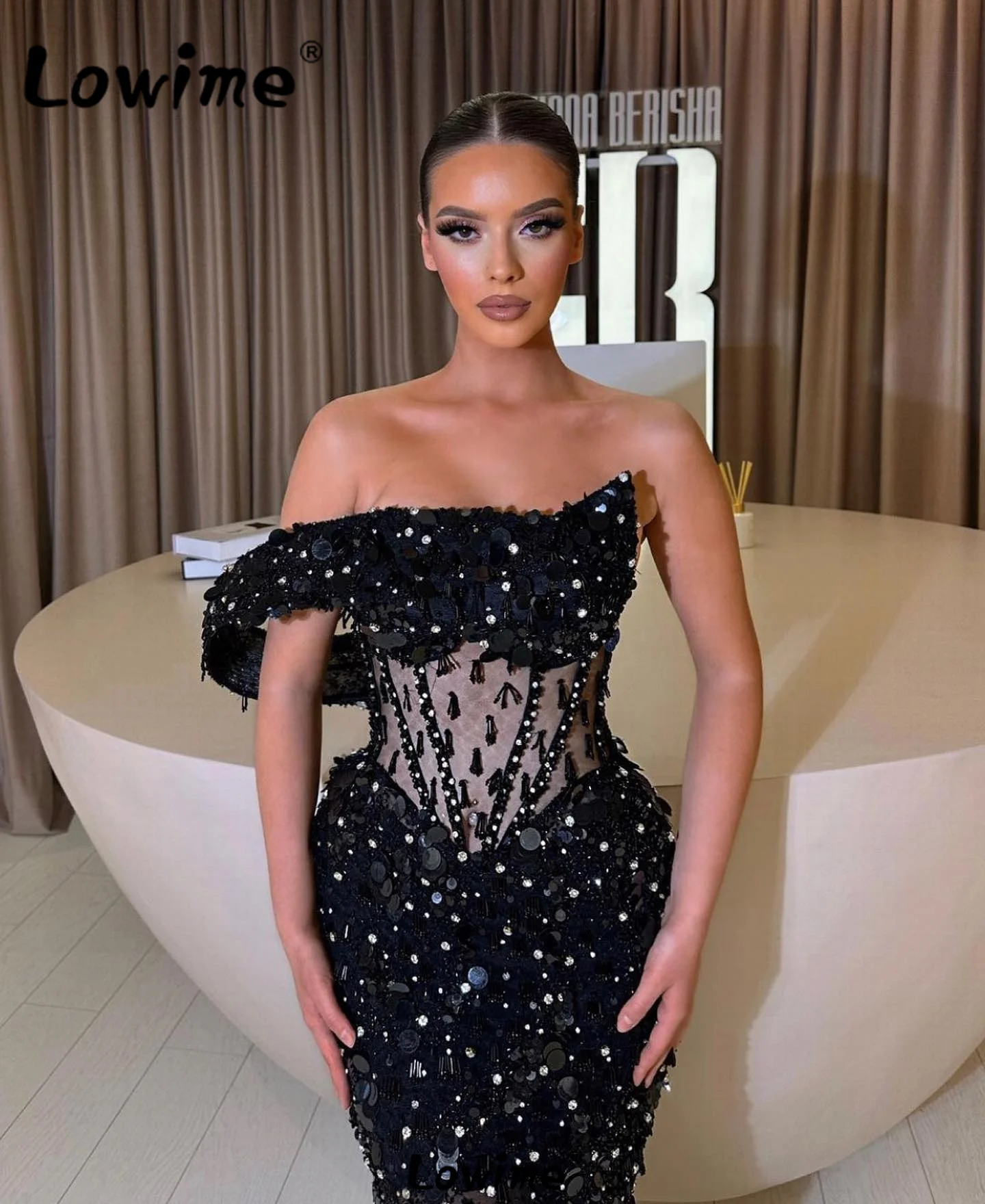 Black Sequins Sparkly Crystal Long Prom Dress One Shoulder Mermaid Celebrity Dresses Arabic Party Evening Gowns Robes De Soirée