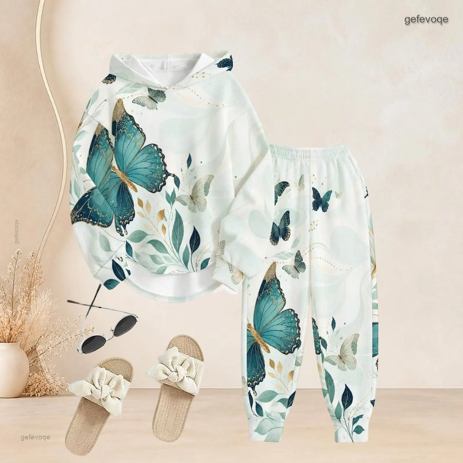 Printed Pants Set for Women Long Sleeve Hooded Top Cuffed Pants Two Piece