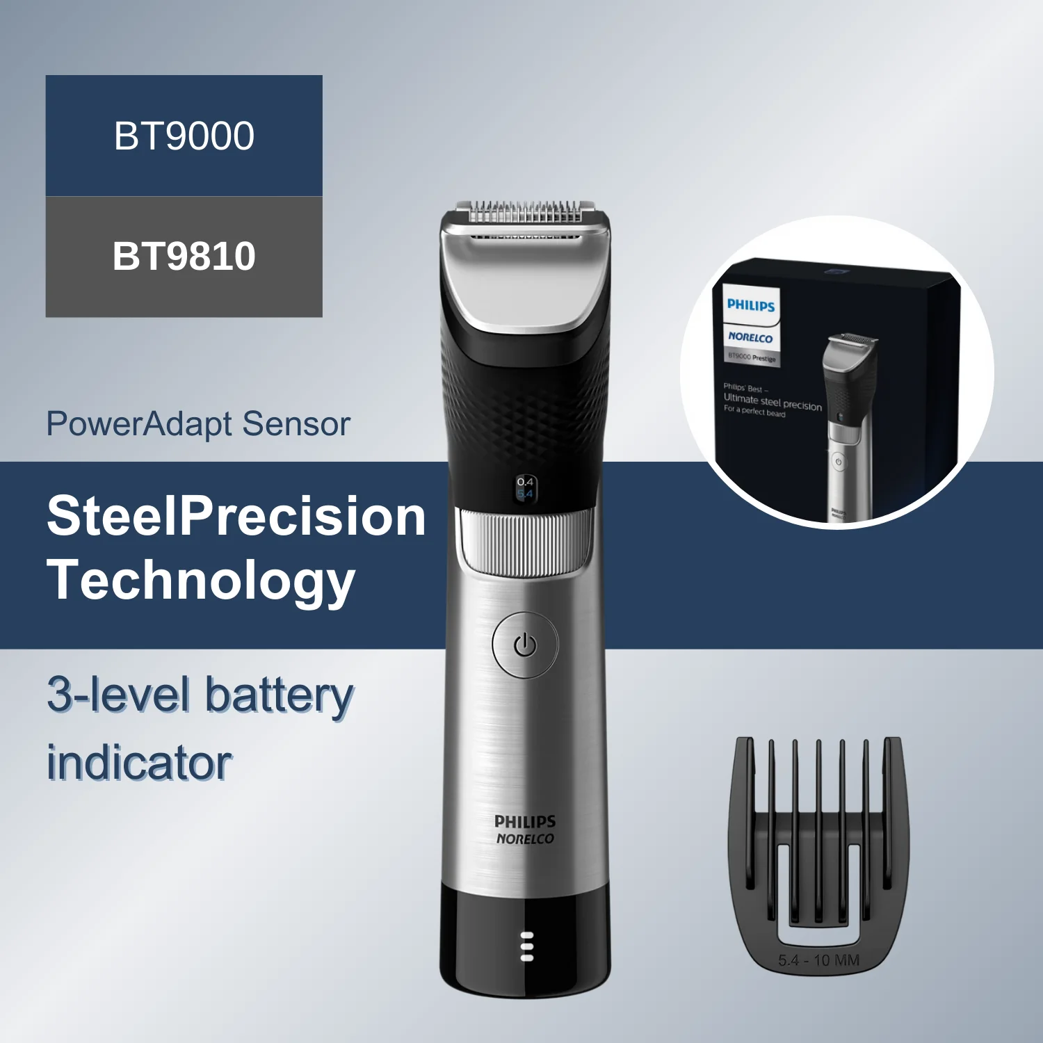 

Philips Norelco Beard trimmer series 9000 BT9810, Wet & Dry, with one trimmer, SteelPrecision technology, PowerAdapt sensor