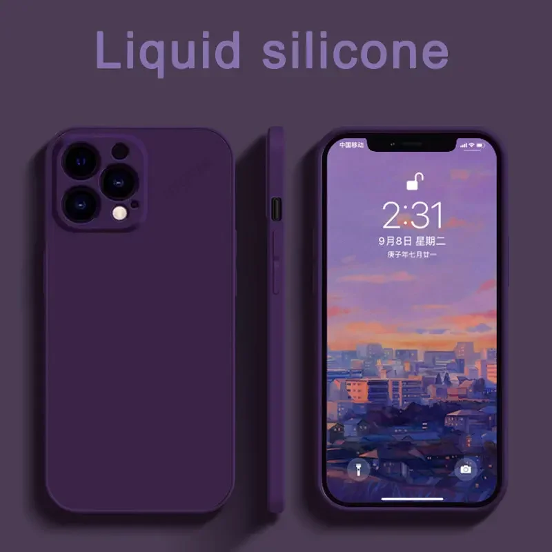 NEW Official Original Dark Purple Square Silicone Case For iPhone 15 14 11 13 12 Pro Max Mini XR 14 15 Plus Protection Cover