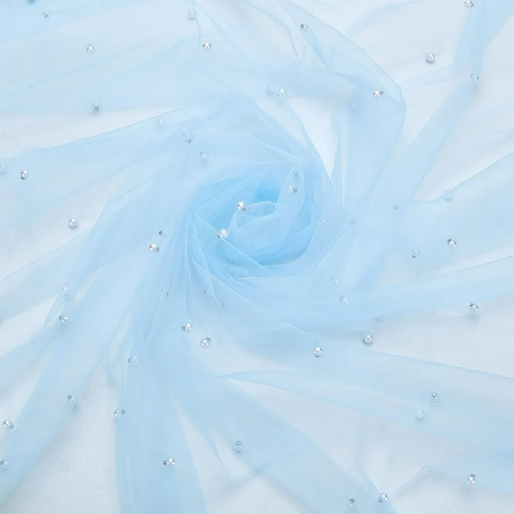 

3.28 Yards Pearl Tulle Lace Fabric 116.5inch Wide Light Sky Blue Pearl Lace Tablecloth Table Runner Net Tulle Mesh Lace Fabric