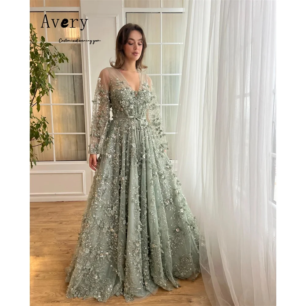 Avery Custom A-Linie Spitze Blume Langarm Luxuriöse Damen Abendkleider Frau Elegante Partykleider 2025, Ballkleidkleid