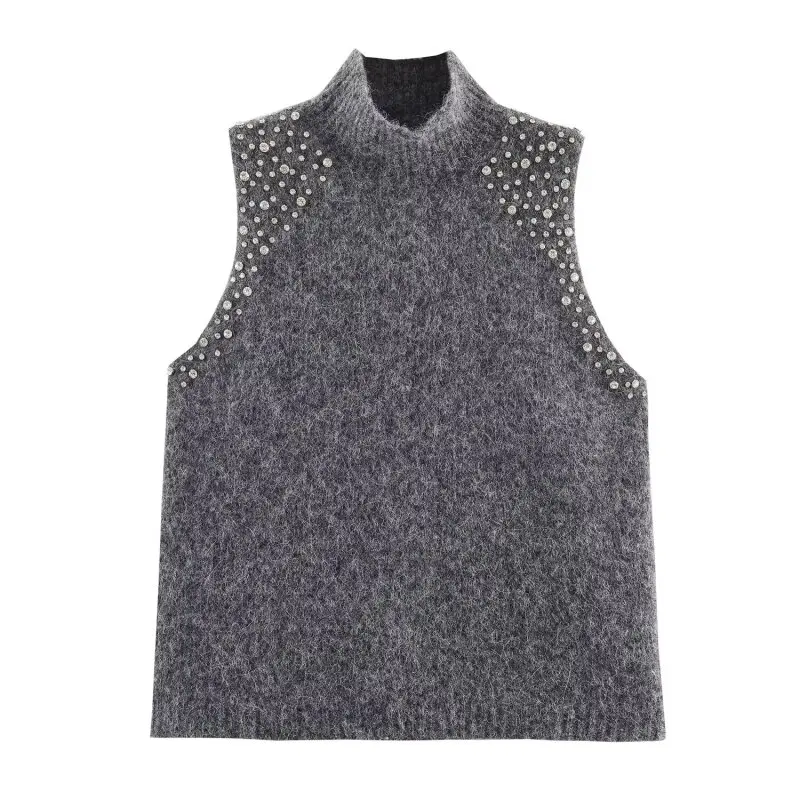 

Women Solid Knitted Waistcoat Streetwear Female Casual Vest Elegant Fashion Lady Sleeveless Tank Tops With Artificial Beads