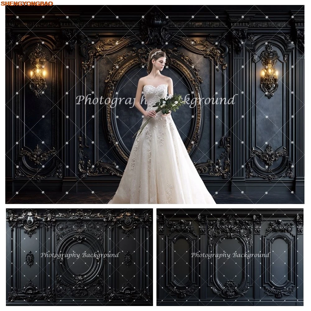 خلفية حائط داخلية كلاسيكية فاخرة باللون الأسود لحفلات الزفاف وأعياد الميلاد وديكور حفلات الكبار والحوامل وخلفية التصوير الفوتوغرافي