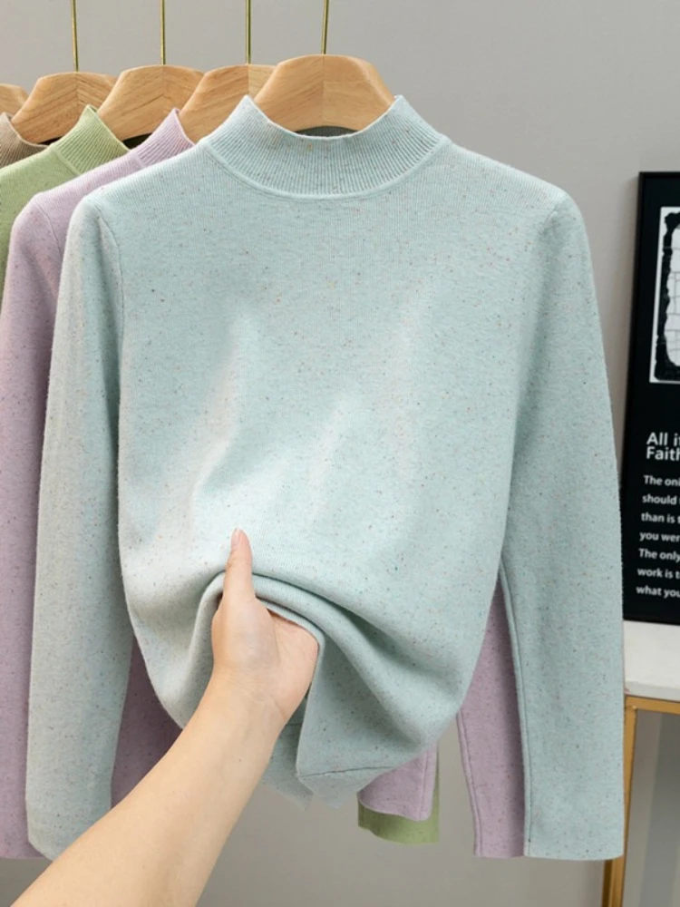 Jersey de manga larga con puntos de Color para mujer, suéter de cuello alto con capa Base Simple y delgada, jerséis de punto suaves y cálidos para Otoño e Invierno
