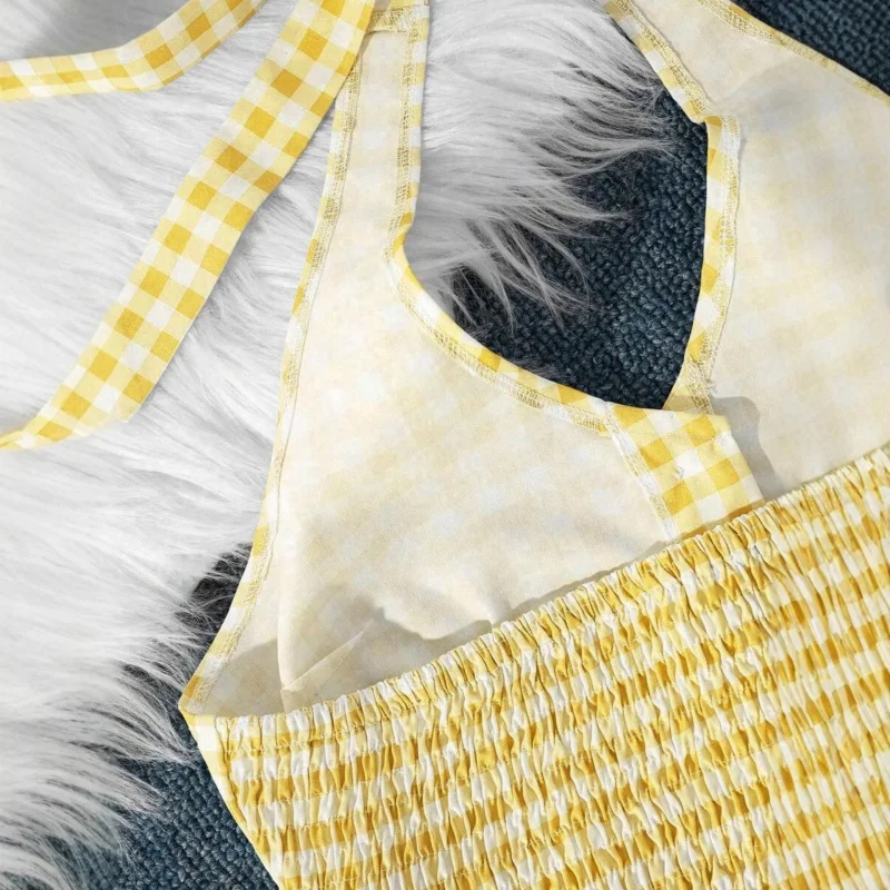 Women Summer Sweet Yellow Plaid Lace-up Slim Fit Halter Top V-neck Front Botton Elastic Back Sexy Backless Casual Top