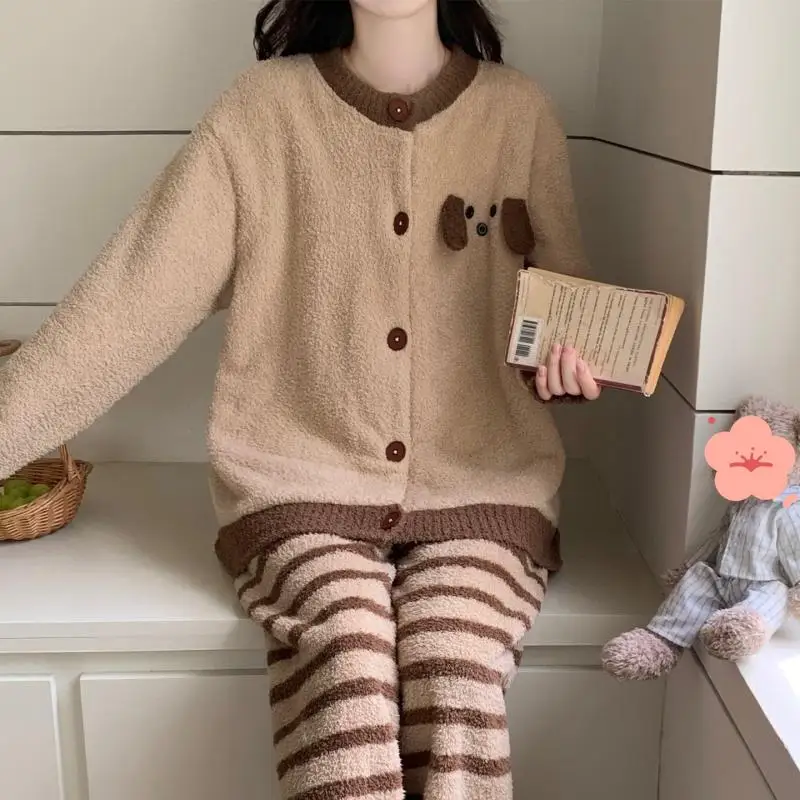 

Женские пижамы, осенне-зимний костюм, удобная одежда для сна, кардиган с медвежонком, свободный пижамный комплект, коралловый флис, студенческая домашняя одежда