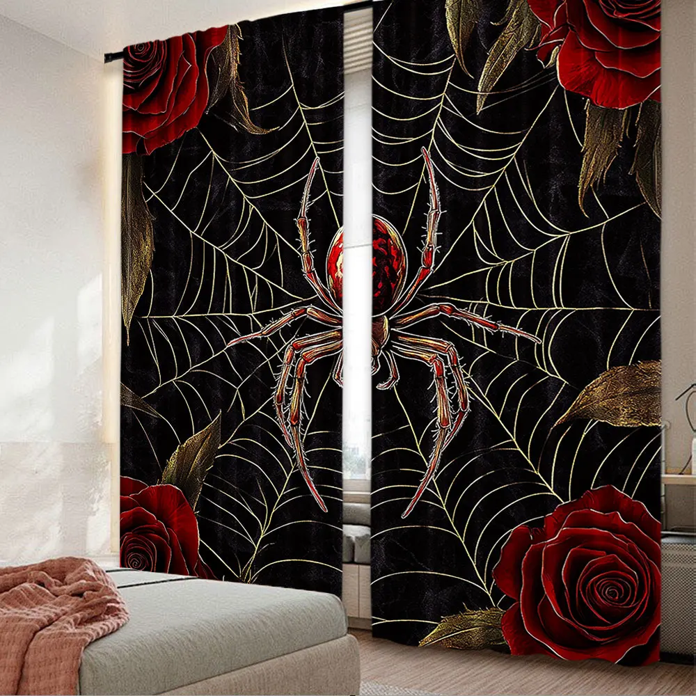 2Pcs Castle Fairy Spider Curtain Red Rose Flowers Spider Web Halloween Suitable For Bedroom Bathroom Living Room Dining Room