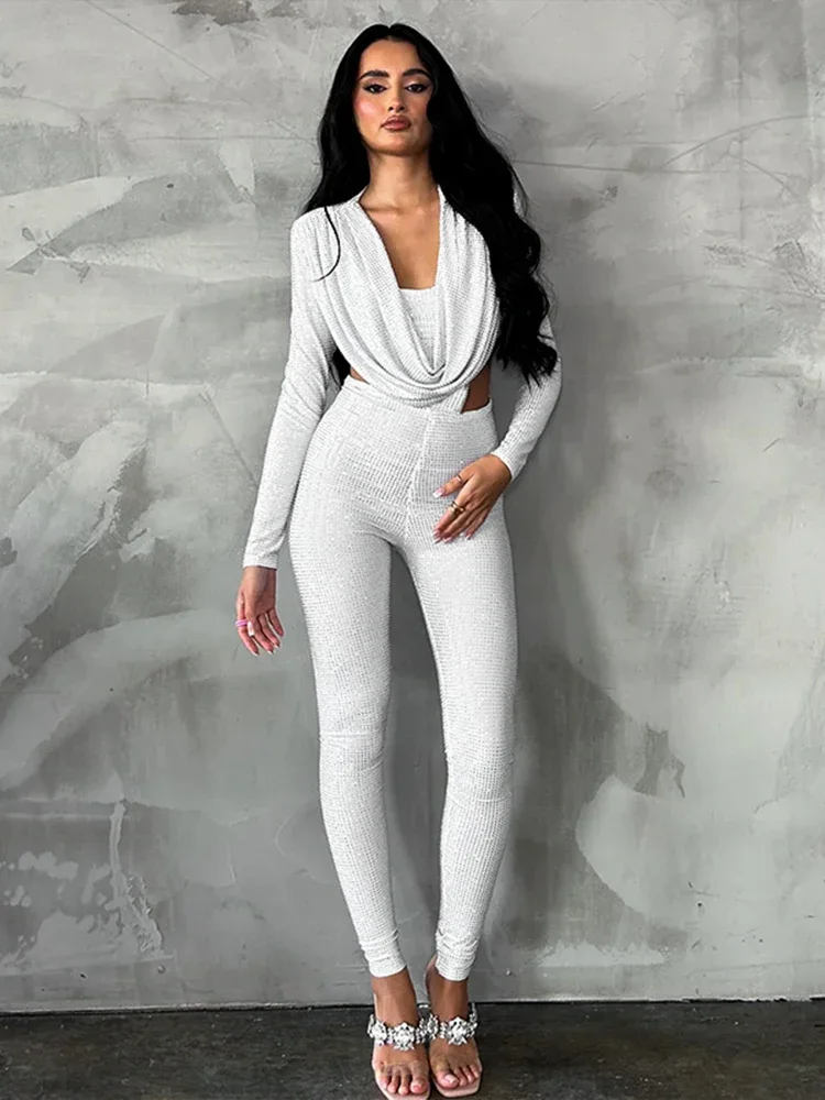 DSMTRC Fashion One Piece Skinny Clothes Sexy Clubwear Rompers Sequined Long Sleeve Swinging Neck Large Open Back Jumpsuit