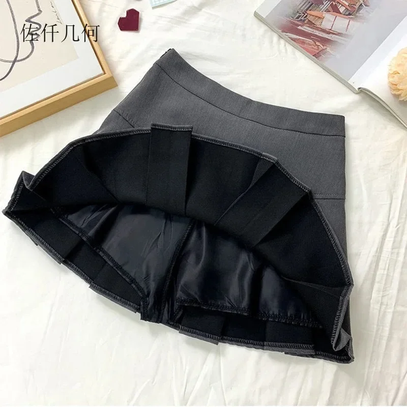 Black Grey Pleated Skirt Women High Waist Mini Vintage Solid Korean Fashion School Uniform Streetwear 2025