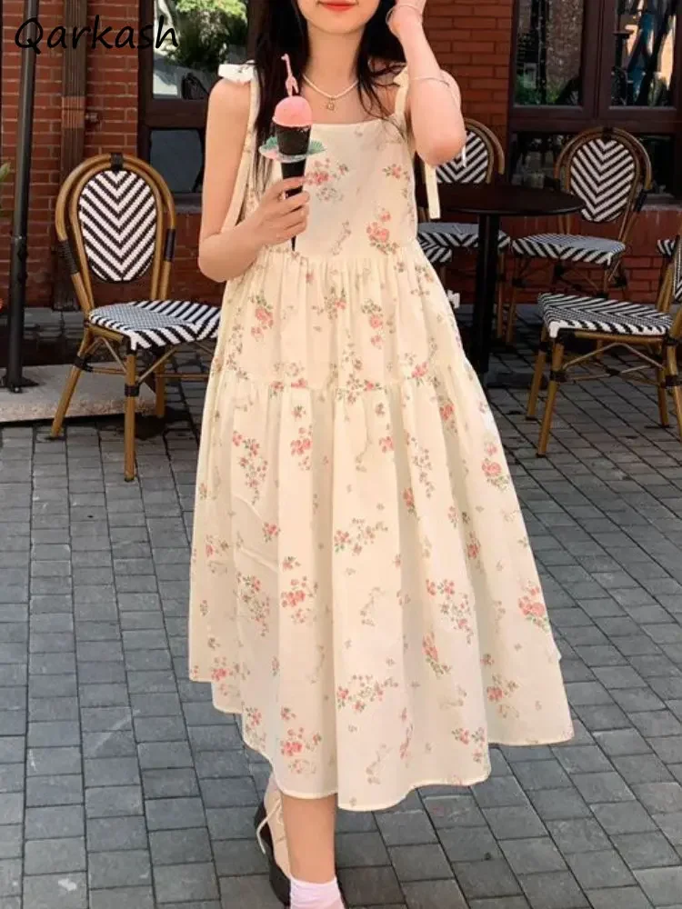 

Floral Straps Dresses Women Loose Vacation Summer Cute Girlish Sundress Fashion College Streetwear Lace-up Vestidos Basic Casual