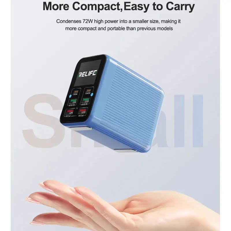 RELIFE Q4 72W Smart 6-Port Fast Charger 2 พอร์ต PD + 2 พอร์ต QC3.0 + 2 USB-A โหมดสลีปอัจฉริยะสำหรับอุปกรณ์อิเล็กทรอนิกส์ต่างๆ