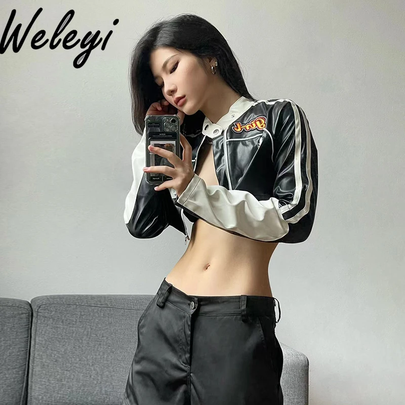 ผู้หญิงอเมริกันสีดําหนัง Cropped Bomber แจ็คเก็ตแนวโน้ม 2025 ฤดูใบไม้ผลิสบายๆหลวมผู้หญิงแขนยาว PU สั้นเสื้อ Feminina