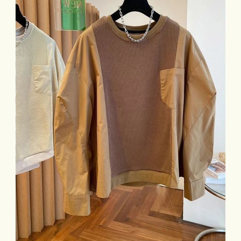 Spring Men O Neck Long Sleeve Sweatshirts Spliced Pocket Loose Fashion Chic Casual 2xl Oversized Clothing Unisex Coffee Apricot