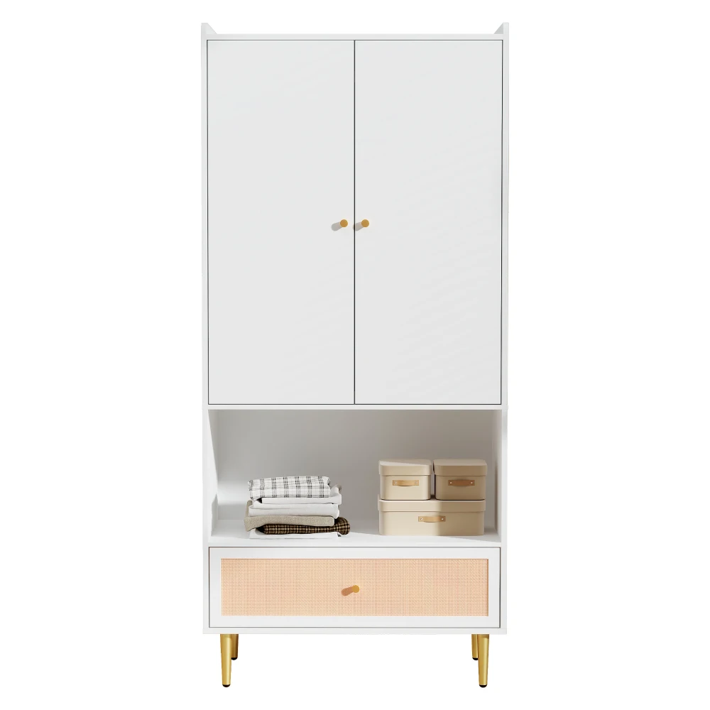 PINGGO Weißer Kleiderschrank mit 2 Türen, Rattanschublade, Metallbeinen und Griffen, 80x48x175cm, für Schlafzimmer und Wohnzimmer – Detail 12