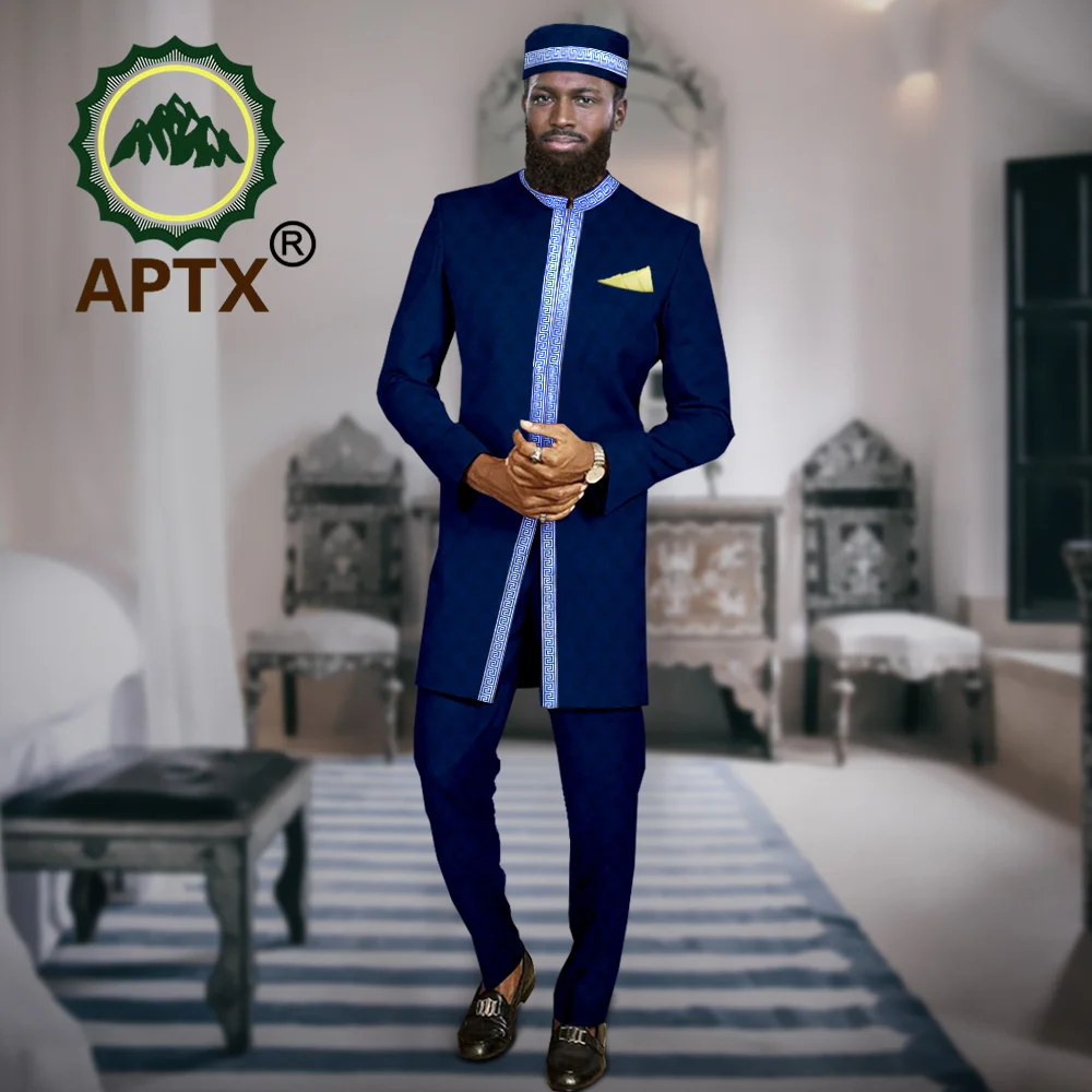 

APTX African Clothes for Men Slim Fit Suits Outfits Dashiki Jacket Pants Hat Cap Set Wedding Party Bazin Riche Attire A2316065