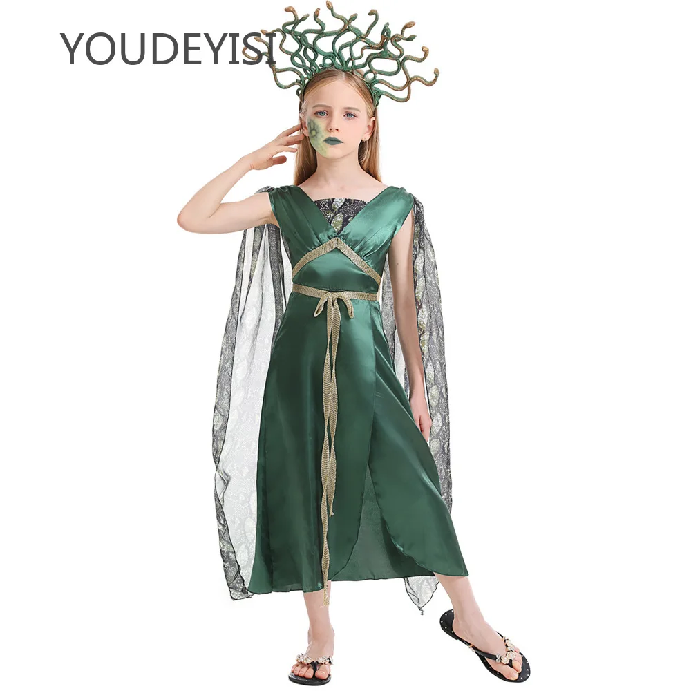 YOUDEYISI Halloween Costume, Children's Greek Mythology Teal Gorgon Medusa Serpent Hairpin Cosplay Costume