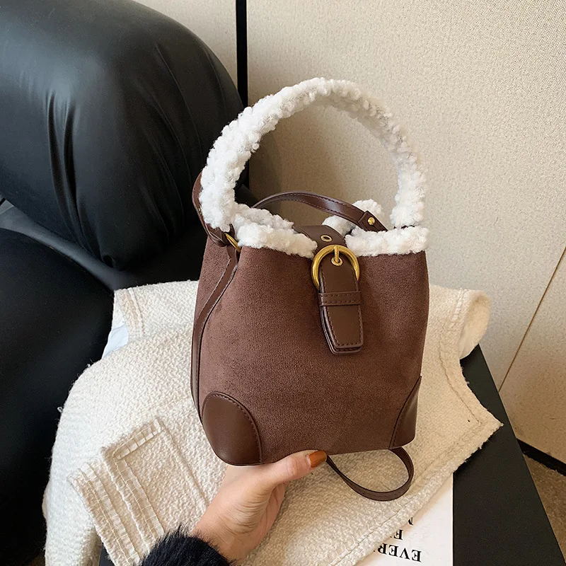 

Imitation Deerskin Women's Bag Design Feeling Plush Crossbody Bag Solid Color Senior Small Bag Trendy High Texture Bucket Bags