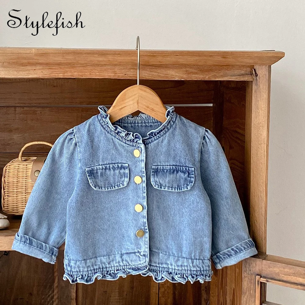 Autumn new style 0-3 years old baby clothing baby girl fungus collar denim long-sleeved coat girls cardigan fashion coat