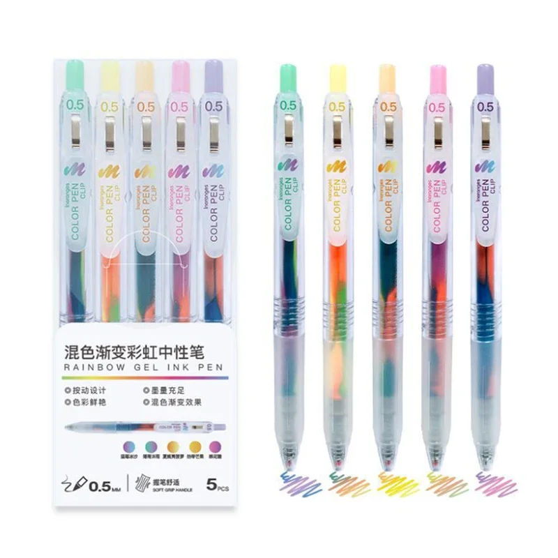 

5 шт., набор градиентных радужных гелевых ручек 0,5 мм, цветные гелевые ручки для письма, канцелярские принадлежности «Снова в школу», японские канцелярские принадлежности