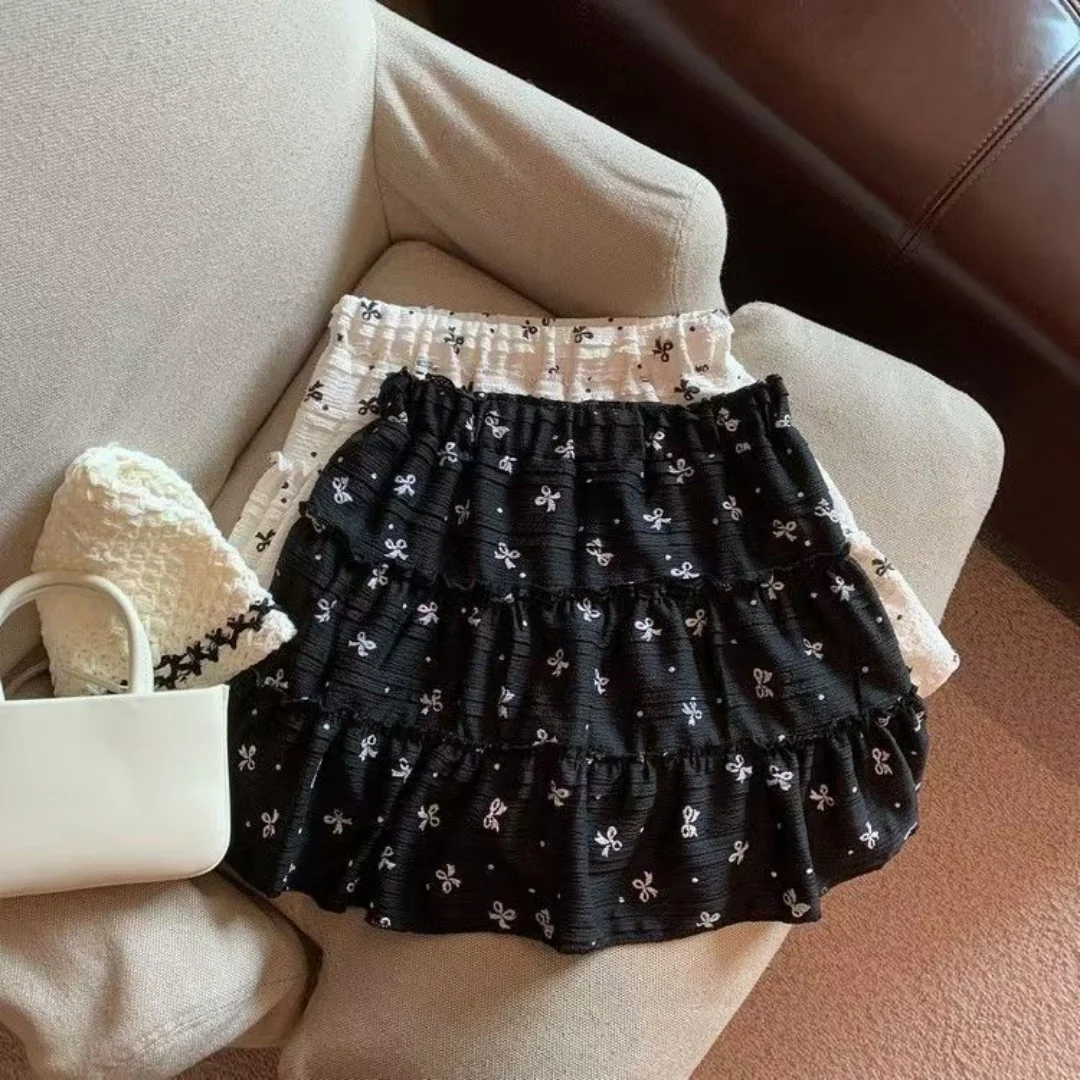 Girls' 2026 New Cake Skirt Children's Bow Printed Lace Medium sized Children's Half length Skirt Summer A-line Skirt Sweet