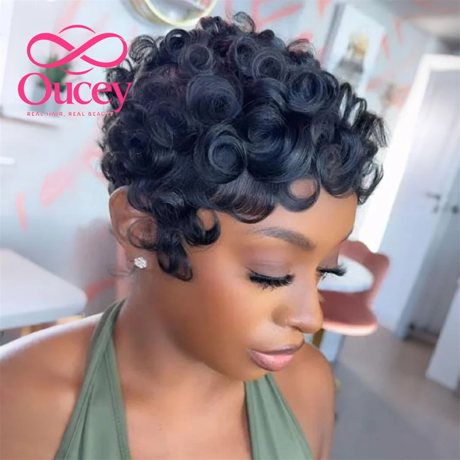 Chic Short Layered Pixie Wig with Bangs Curly Human Hair Glueless Full Machine Made Natural Looking Haircut for Women