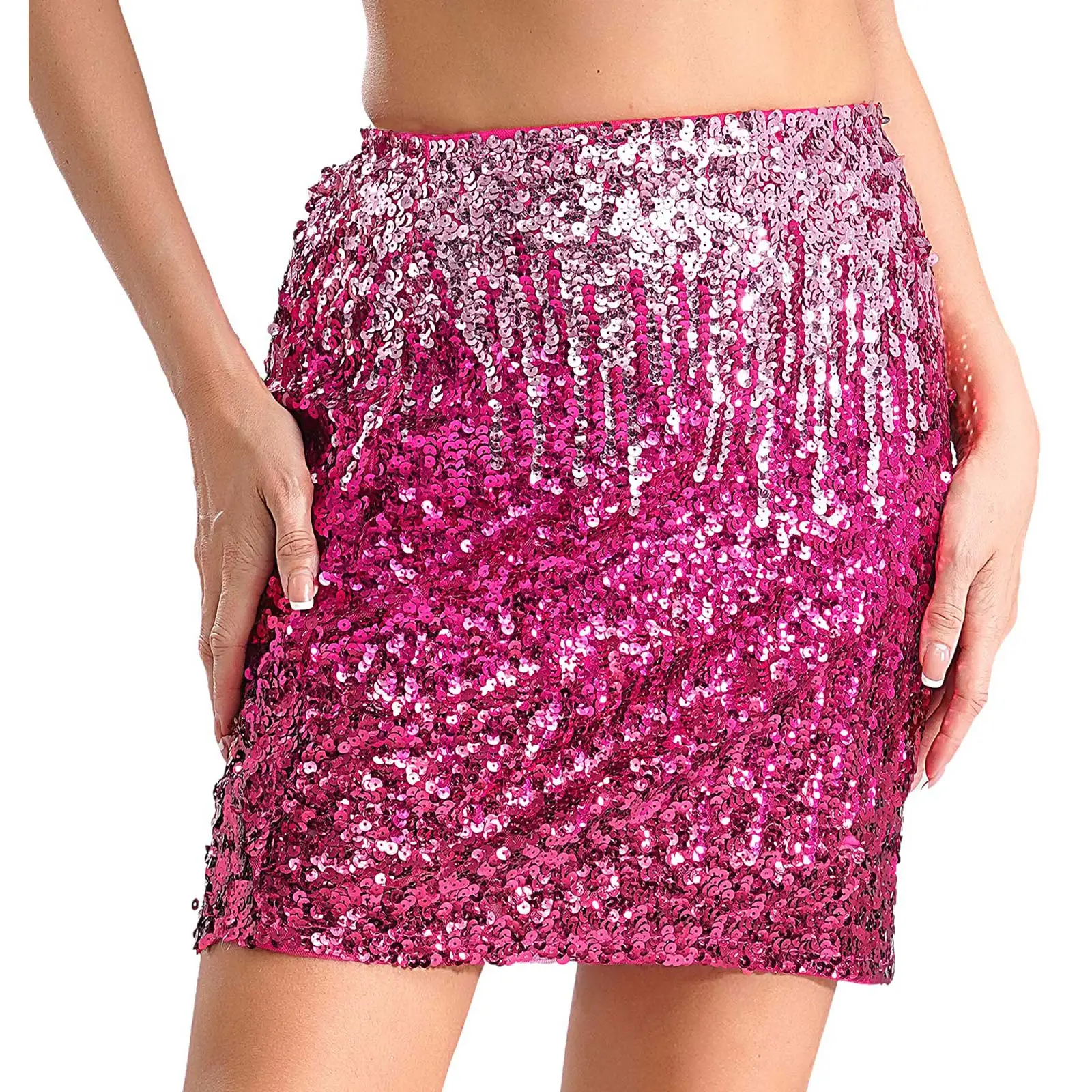 Womens Gradient Sequins Mini Skirts Party Nightclub High Waist Elastic Waistband Sparkly Bodycon Skirts For Stage Performance