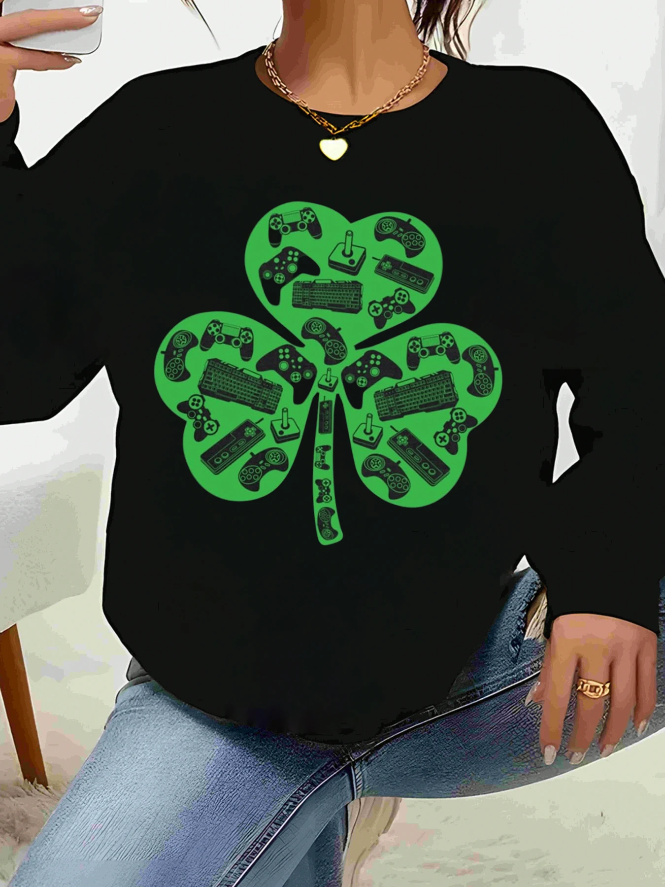 

Игровой контроллер с принтом трилистника, футболка с длинными рукавами на день Святого Патрика, повседневная одежда для женщин